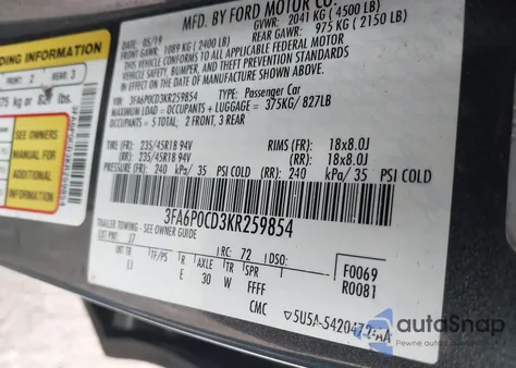 2019 Ford Fusion Sel from USA, damaged, VIN 3FA6P0CD3KR259854